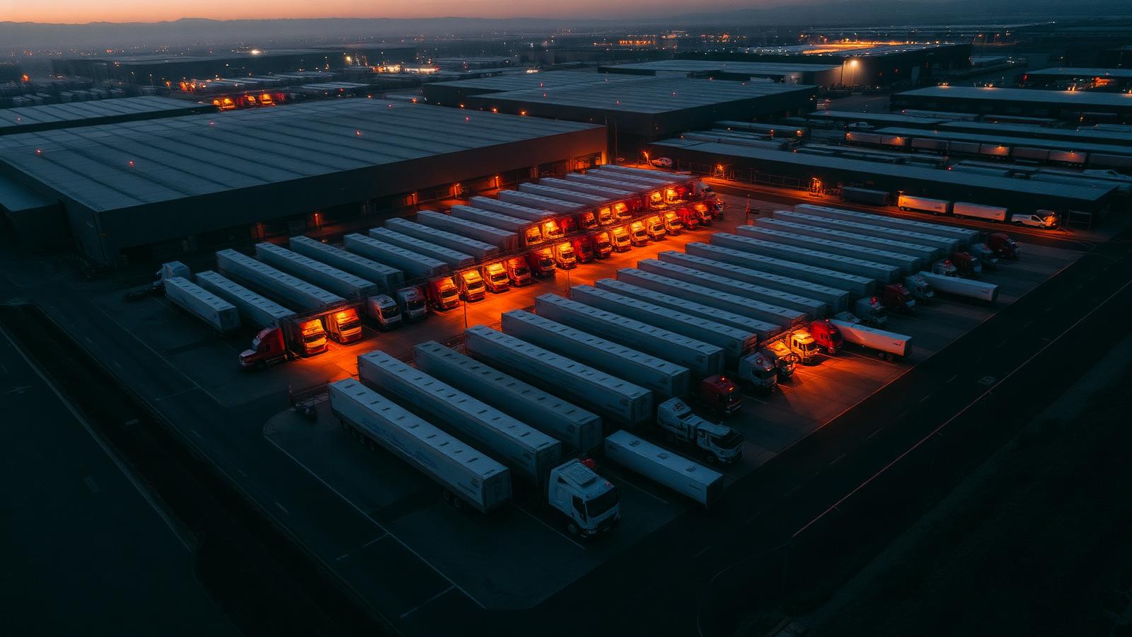 Trucks and trailers at a distribution center at dusk